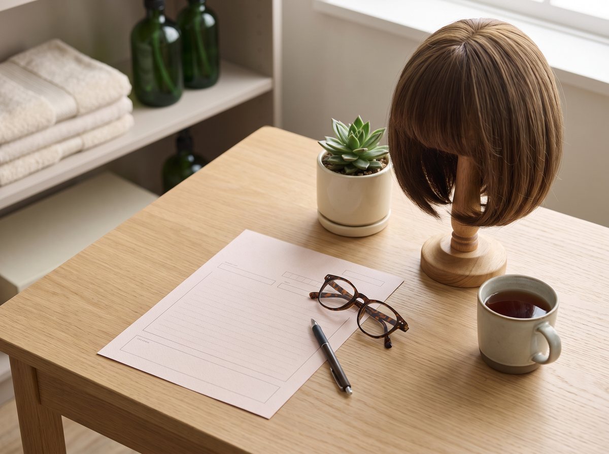 Symbolbild (KI-generiert): Rezeptformular, Brille und Perücke auf einem Holztisch im Beratungsraum