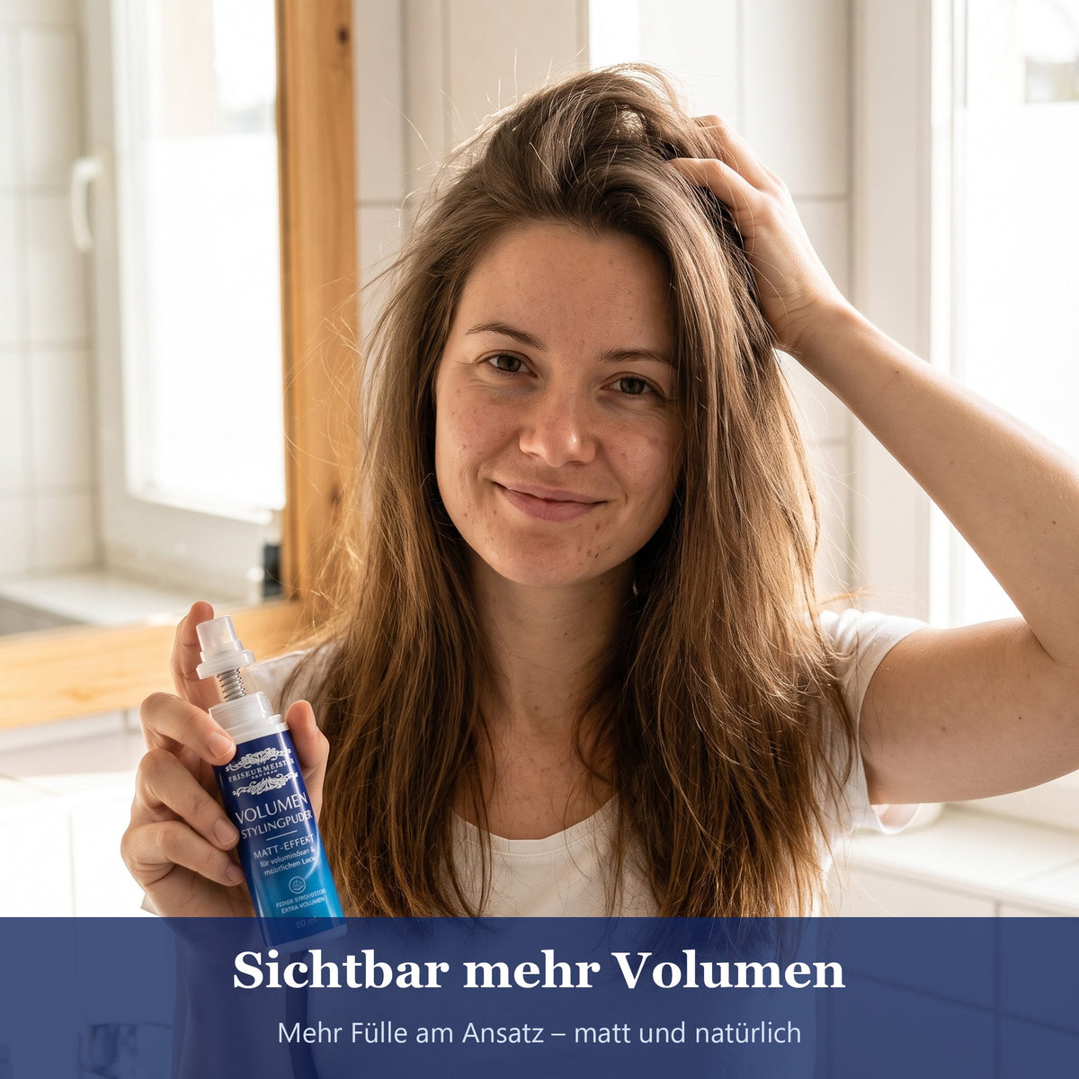 Ergebnis: sichtbar mehr Volumen am Ansatz mit dem Volumen Stylingpuder (KI-generierte Abbildung)
