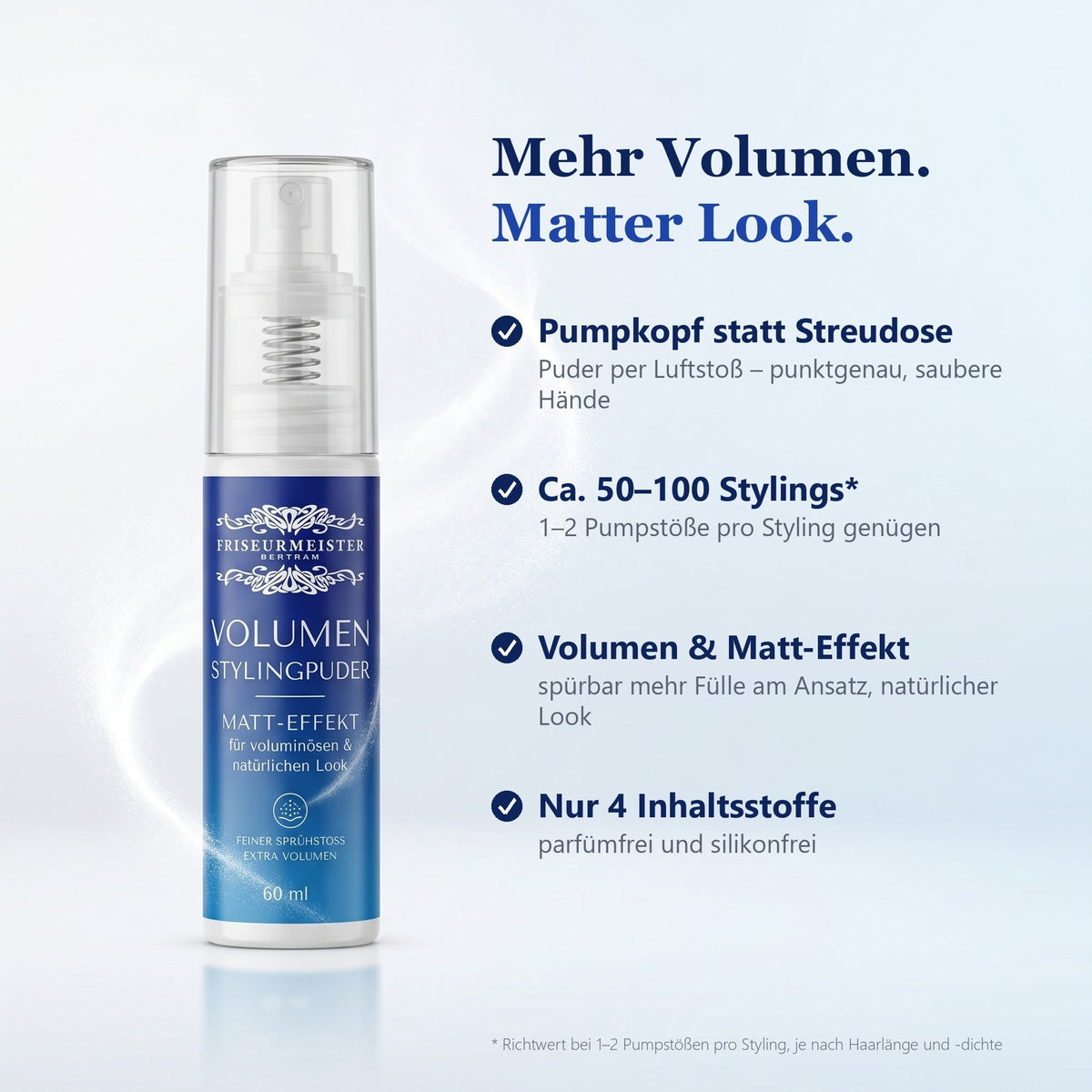 Vorteile: Pumpkopf statt Streudose, ca. 50–100 Stylings, Volumen und Matt-Effekt, nur 4 Inhaltsstoffe